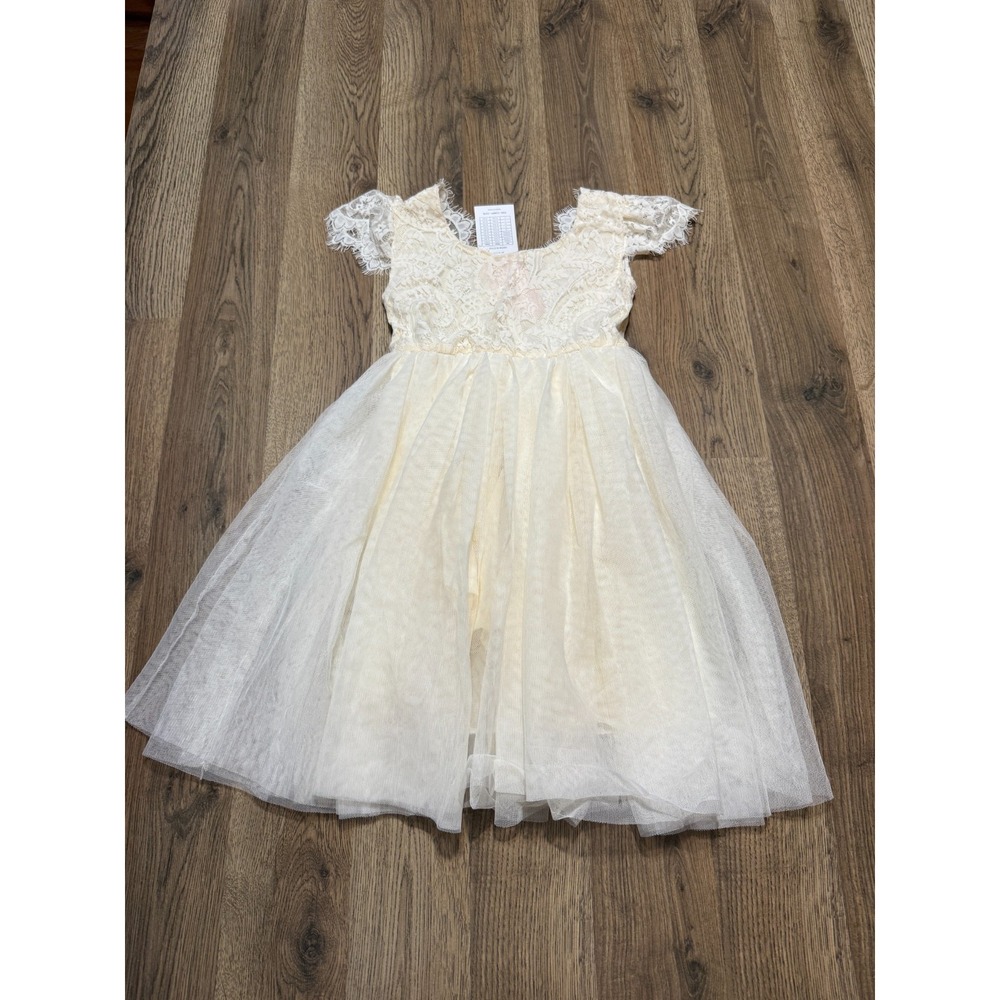 2Bunnies Dress, Youth Girls Size 6, Cream, Flower Girl Tulle Lace, A-line NWT